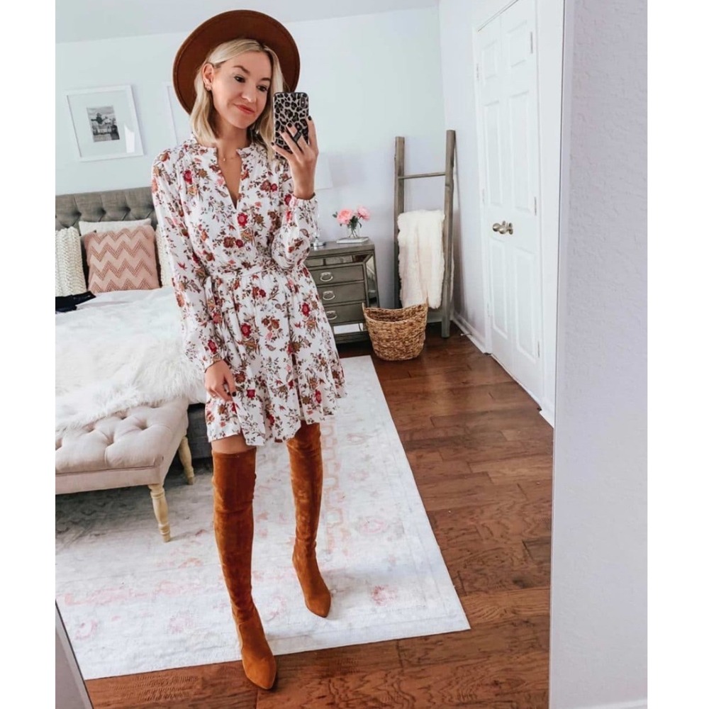 LOFT Women Dress Size M Floral White Long Sleeve Tiered Ruffle Mini Paisley Boho